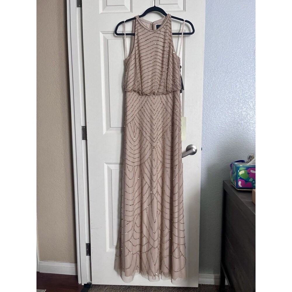 NEW Adrianna Papell Champagne Gold Beaded Sequin Mesh Halter Long Dress Sz 2